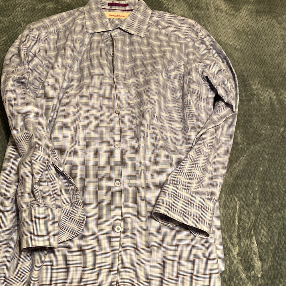 Tommy Bahama size M dress shirt blue white brown stripes